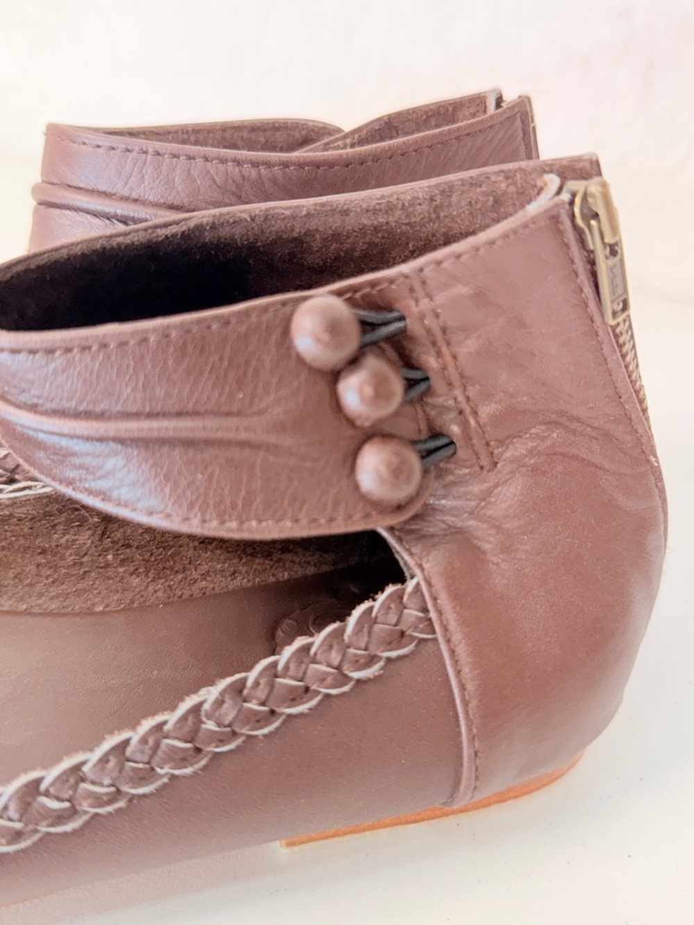 Women's Brown Ankle-Strap Leather Ballet Flats - Picture 5 of 15